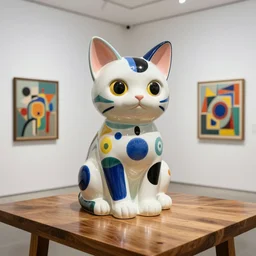 beautiful gallery show studio photograph of a giant ceramic sculpture of a cute kitten, glazed by bridget riley and victor vasarely, placed on a polished wooden table, hyperrealism 8 k trending on artstation