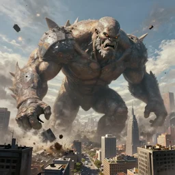 a colossal titan smashing buildings in the city, digital painting, mixed media, trending on artstation and deviantart, epic composition, magnum opus, highly detailed, 8 k