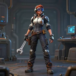 highly detailed full body character art of a female engineer wearing futuristic overalls, goggles, toolbelt, holding a wrench, Starcraft 2 videogame character, futuristic, serious, concentrated, industrial aesthetic, full body, highly detailed, photo realistic, technical atmosphere, 8K, octane render, unreal engine