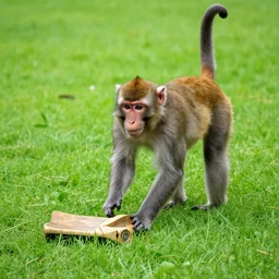 a monkey mows the lawn
