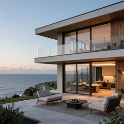 Modern interior of a house with big windows, modern furniture at dawn, Located on a cliff view to the sea, detailed architecture coherent high detail
