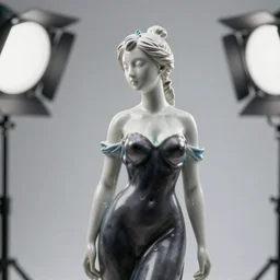 statue of the perfect woman, porcelain, ( desgined by apple ), silver, blue soft details, soft!!, dark black dress, studio photo, octane render, studio lights, 8 0 mm lens