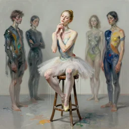 morphed ballerina on a stool thinking by luc tuymans and hernan bas and pat steir and hilma af klint, psychological, dripping paint, high quality render, artstation, altermodern, masterpiece