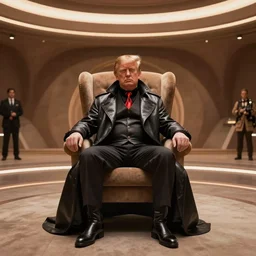 dramatic movie composition photograph,!!! baron harkonnen!!! as! donald trump! sitting on a chair inside a room from the movie dune, color style by alejandro jodorowsky, wide angle lens, cinematic lighting, cinematic color grading