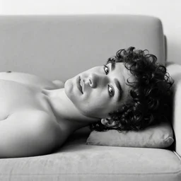 photographic portrait of a young man, black and white, torso and head, curly hair, nostalgic, award winning photo, laying on the sofa
