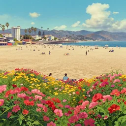 a film still of a sunny and colourful beach scene in santa monica, los angelos, top shot, wes anderson, studio ghibli, pixar and disney animation, sharp, rendered in unreal engine 5, anime key art by greg rutkowski, bloom, dramatic lighting