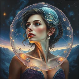 portrait oil painting, abstract expression, subconscious connects, dimensional consciousness, fantastical, ultra realistic, emma watson in a symbiosis spaceship gel shell at night, soft glows, intricate details, artifacts, luminous skies, transparent brain, highly detail, michael cheval, peter mohrbacher, boris vallejo, jessica rossier, oil