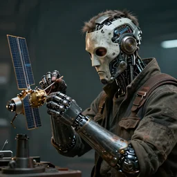 a rugged engineer man with cybernetic enhancements assembling a satellite, detailed mask, scifi character portrait by greg rutkowski, esuthio, craig mullins, 1 / 4 headshot, cinematic lighting, dystopian scifi gear, gloomy, profile picture, mechanical, half robot, implants, steampunk