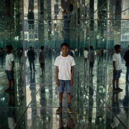 a breathtaking 8 k resolution matte painting of a black boy lost inside an endless hall of mirrors, in a symboloic and meaningful style, by m. c. escher and alex grey and android jones