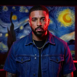 ultra detailed portrait photo of dj khaled in a studio, blue, under red and yellow cinematic lighting, by van gogh