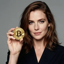 ayn rand holding a golden bitcoin, commercial stock photo by annie liebovitz, j. c. leyendecker