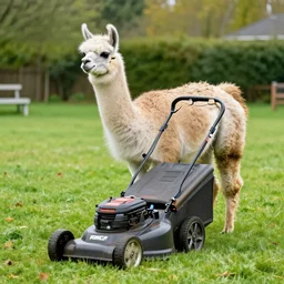 llama using a lawn mower to mow the lawn