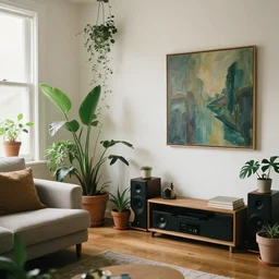 a living room with plants and speakers and a painting on the wall, featured on tumblr, light and space, sanctuary, soft light, aesthetic