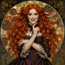 Alphonse Mucha, pretty female Hayley Williams Paramore, vampire, fully red eyes, sharp teeth smile, symmetrical face, victorian dress, long red hair, full body action pose