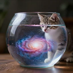 A  kitten staring at a fish bowl full of galaxies.