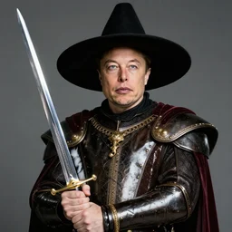 elon musk as a musketeer, he has a big hat and holds a shiny sword