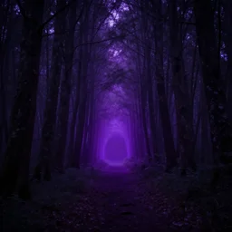 purple portal inside the dark forest, glowing, vibe, unsettling atmosphere, cinematic, epic, high detail, 8 k, hdr, high resolution, sharp