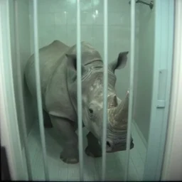 a rhinoceros in a prison shower, by mini dv camera, very low quality, heavy grain, blurry, caught on trail cam