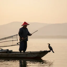 “ an old chinese fisher on a small boat fishing with cormorant during sunset, he wears a red chinese hat ”