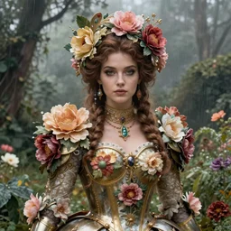 epic hyperdetailed portrait of beautiful queen's flower armored girl in the garden. by greg rutkowski, highly detailed portrait, rococo, digital painting, artstation, concept art, smooth, sharp foccus ilustration, artstation hq. intricate, elegant. art by wlop and artgerm and greg rutkowski and alphonse mucha, masterpiece. misty rainforest.
