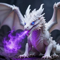a white dragon with piercing blue eyes that breathes purple fire, ultra realistic