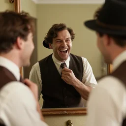 Highlander of the 1920s laughing maniacally at the sight of a mirror