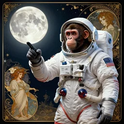 hdr portrait photography an ape on a spacesuit! pointing his hand to a full moon. cinematic, coherent portraits, from time magazine, intricate, elegant, highly detailed, digital photo, trending on artstation, hdr photo, smooth, sharp focus, illustration, art by artgerm and greg rutkowski and alphonse mucha