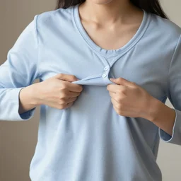 a woman tugging pulling at the shirt she is wearing