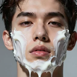 fluid extreme close up of gorgeous hyperrealistic male face melts like white viscous ice cream, digital art masterpiece, highly detailed neo pop surrealism, jason limon kay sage hannah yata, dramatic lighting, low angle, uhd 8 k, sharp focus