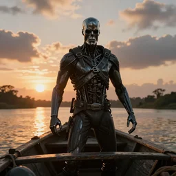 athe terminator on a boat on the river, sunset scene, fantasy style, 4 k, octan render, ultrarealistic