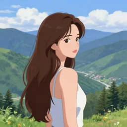 girl, wearing : tanktop, hair : long brown, extra : scenic view and mountain landscape, artstyle : high definition anime and ilya kuvshinov
