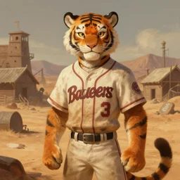 fursona commission of a anthro tiger wearing a old-timey baseball uniform. pretty, beautiful, DnD character art portrait, matte fantasy painting. Desert mining town. DeviantArt Artstation, by Jason Felix by Steve Argyle by Tyler Jacobson by Peter Mohrbacher, cinematic lighting