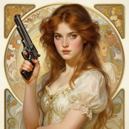beautiful young woman with a pistol, intricate, elegant, highly detailed, centered, digital painting, artstation, concept art, smooth, sharp focus, illustration, art by artgerm and donato giancola and alphonse mucha