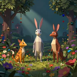 low poly, pixar, surreal hybrid animals, nostalgia for a fairytale, magic realism, flowerpunk, mysterious vivid colors by andy kehoe, amanda clarke, mattey y su universo pop en un mundo de gediminas pranckevicius