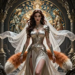beautiful, amazing, sensual, evil sorceress, wearing light armor, thin white veil flowing fabric, dungeons and dragons, ana de armas, part furry fox, fox tail, gorgeous, by greg rutkowski, symmetry, concept art by artgerm, distance render portrait of a hyper realistic, pixar, intense, epic, powerfull, alphonse mucha, octane render, highly detailed, high quality, 8 k, soft lighting, path traced, and uang guangjian and gil elvgren, symmetry!!