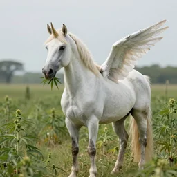 a unicorn with wings standing in a field of marijuana eating, wildlife photography, 8 k, highly detailed, ultra realistic