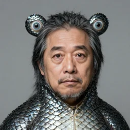 a portrait of a middle aged human with fish scale bear and eyeball hair