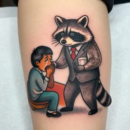 tattoo of a raccoon landlord evicting a crying tenant