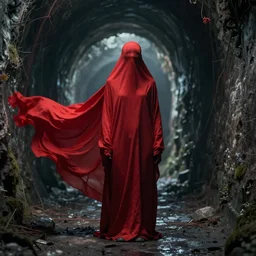 a figure covered by red cloth that's blowing in the wind standing in a creepy tunnel with atmospheric light, digital art, concept art, cloth simulation with houdini, octane, redshift, 8 k