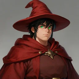 portrait, 25 years old :: overweight fantasy mage :: green eyes, short black hair :: wearing a red brown robe, pointed mage hat :: high detail, digital art, RPG, concept art, illustration, realistic