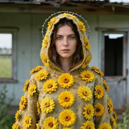 a woman wearing a hooded cloak made of zinnias and barbed wire, in a derelict house, by Olivia Bee, natural light, detailed face, CANON Eos C300, ƒ1.8, 35mm, 8K, medium-format print