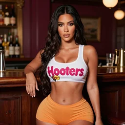 kim kardashian in a bar dressed in a hooters outfit, soft surface texture, photo, soft sun lights, 4 k, high detailed photography result, 5 0 mm lens, rich deep colors, smooth gradients, depth of field, cinematic, hyper realism, high detail, octane render, unreal engine 5, 8 k, vibrant colors