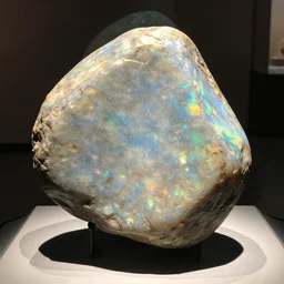 enormous chunk of raw iridescent boulder opal, on a display stand, displayed in a museum