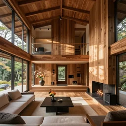 luxurious wooden cottage, modern Japanese living room, Japanese flower arrangements, high-tech devices, fireplace,  coherent composition, architecturally accurate, architecture photography
