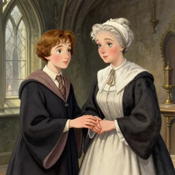 Granny Weatherwax teachines in Hogwarts, detailed, fantasy illustration by Jim Kay and Paul Kidby