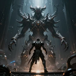 dark futuristic time warrior confronts eldritch horror, male figure, proportional figure, symmetrical, 3 d render, cinematic, color grading, dramatic, ultra - wide angle, 3 2 k, ultra - hd, super - resolution, flare, cinematic lighting, volumetric light, ray tracing reflections, insanely detailed and intricate, hypermaximalist, elegant, ornate, hyper realistic, super detailed, a sense of terror, the final fight, a sense of awe, unreal engine 5, super detailed, hyperrealistic, photorealistic