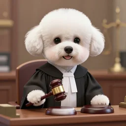 a closeup photorealistic illustration of a bichon frise judge wearing a justice gown and holding a gavel at the bench. this 4 k hd image is trending on artstation, featured on behance, well - rendered, extra crisp, features intricate detail and the style of unreal engine.