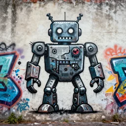 logo of a punk band made entirely of robots graffitied on a wall