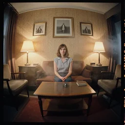 kodak portra 4 0 0, wetplate, 8 mm extreme fisheye, award - winning portrait by britt marling of a 1 9 6 0 s room, picture frames, shining lamps, dust, smoke, 1 9 6 0 s furniture, wallpaper, carpet, books, muted colours, wood, fog,