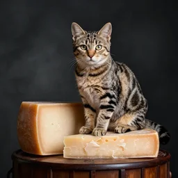 Still life of a tabby kitten sitting on a wheel of Parmesan cheese